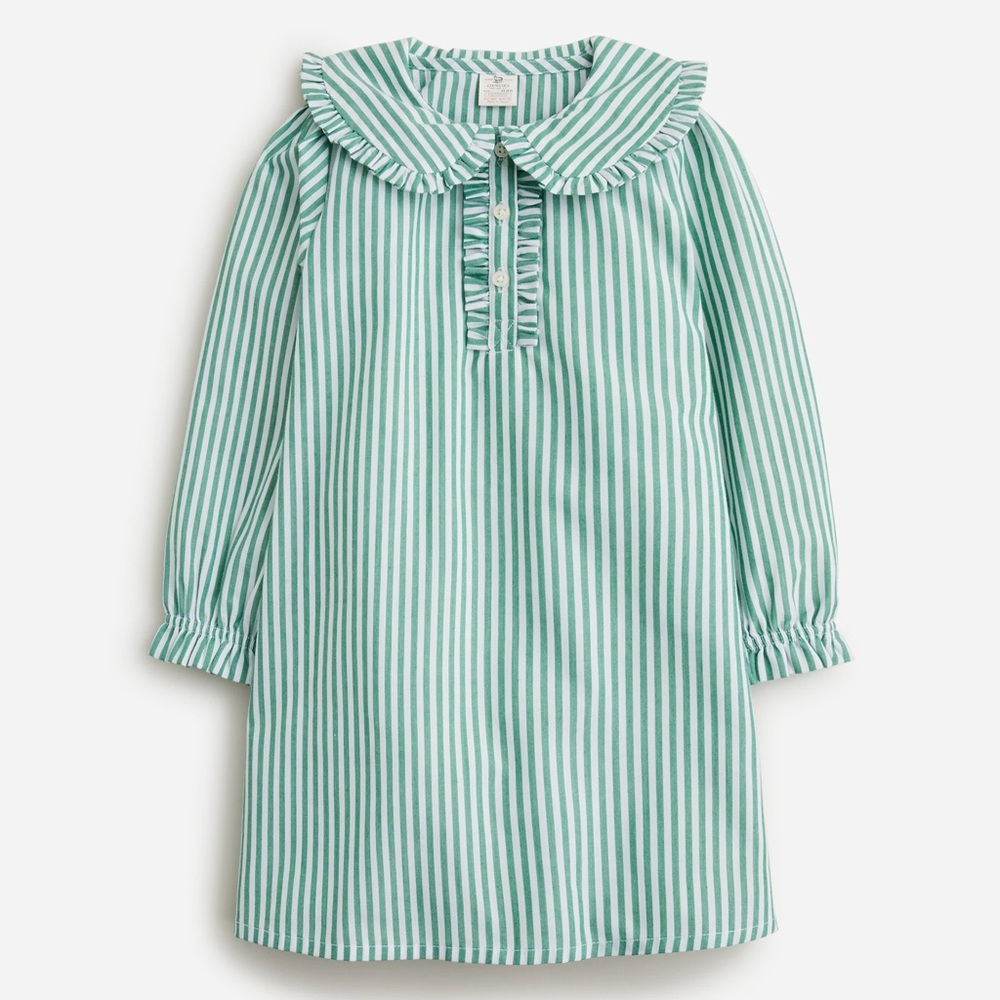 J.Crew Girls’ Long-Sleeve Green Stripe Ruffle-Front Nightgown—M